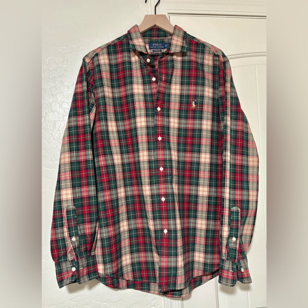 Ralph Lauren Men's Plaid Shirt - Red, Green, and Cream